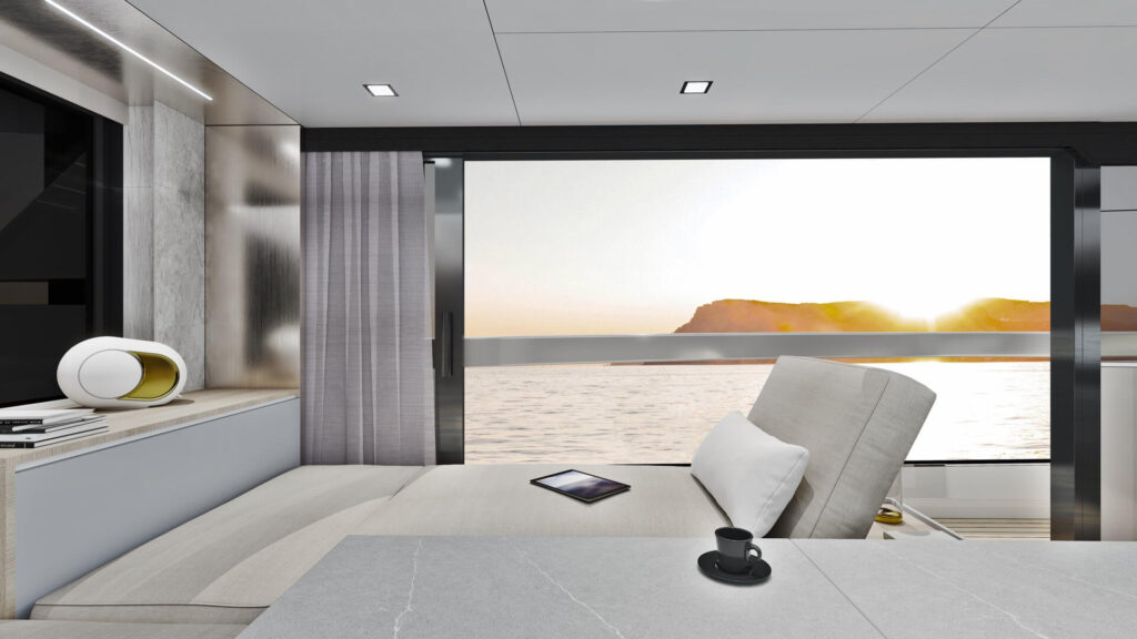 La Motion 48 clubbing yacht by Ladenstein yacht side sofa up sunset